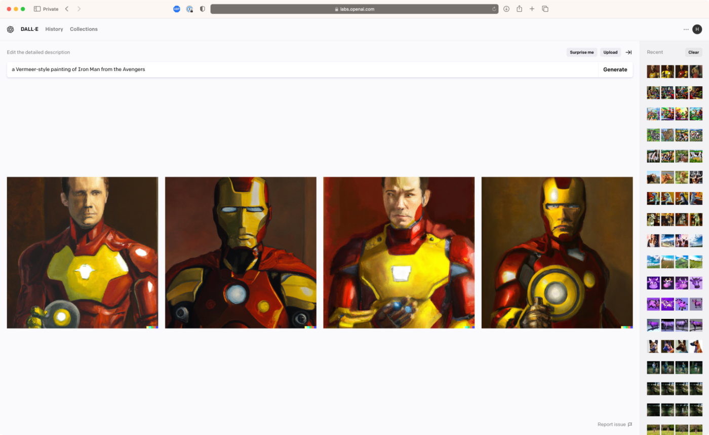 DALL-E 2 results for "A Vermeer-style painting of Iron Man from the Avengers"